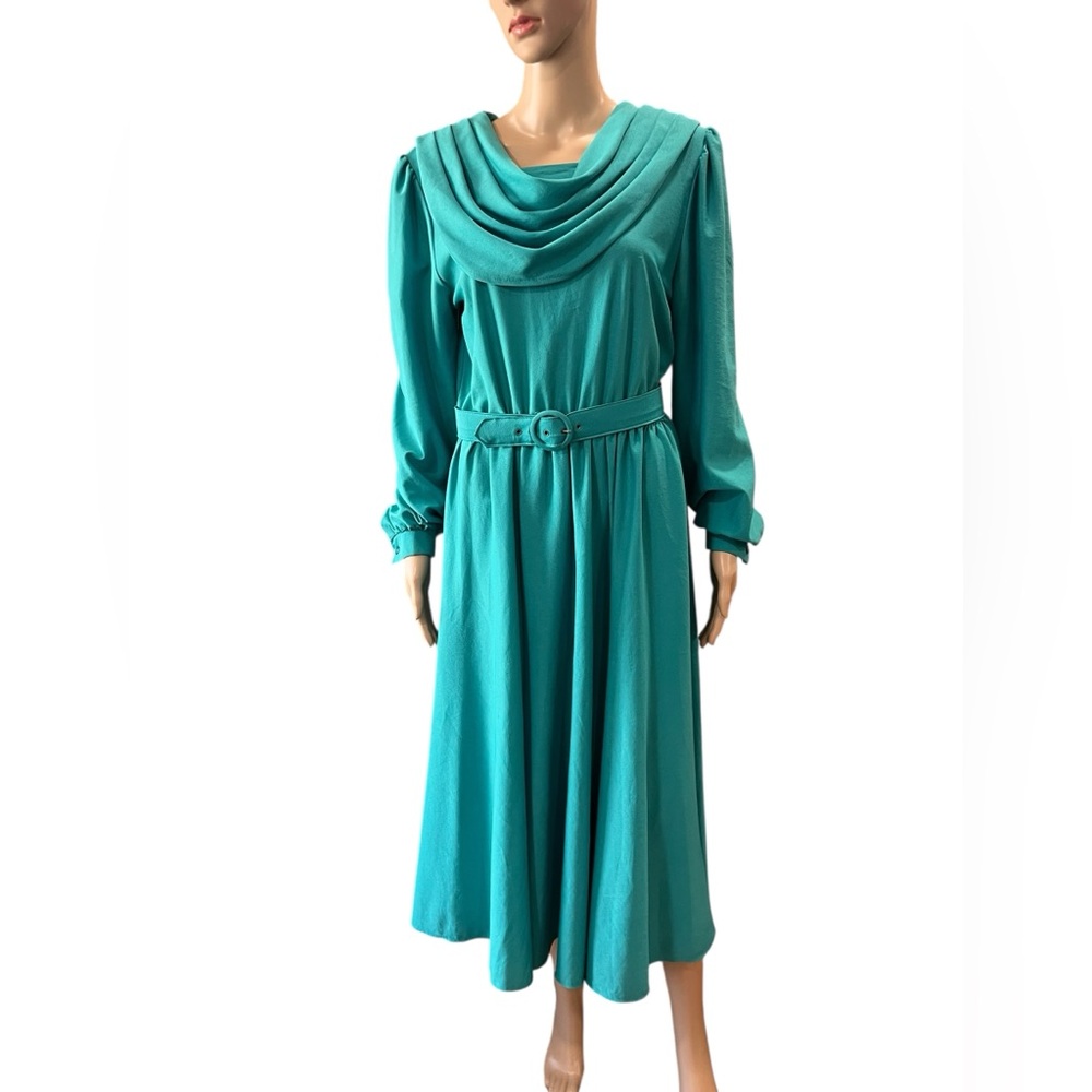 Glamorous handmade aqua cowl neck long sleeved vintage fit n flare disco dress